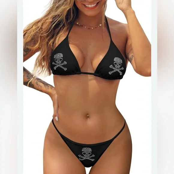 Black Rhinestone Skull Triangle Halter Cheeky Bikini Set - Picture 9 of 11